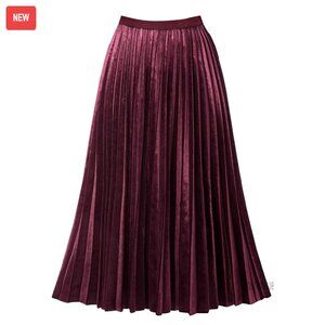 Velvet Pleated A-Line Midi Skirt, High Waist Elastic Flare, Polyester Elastane